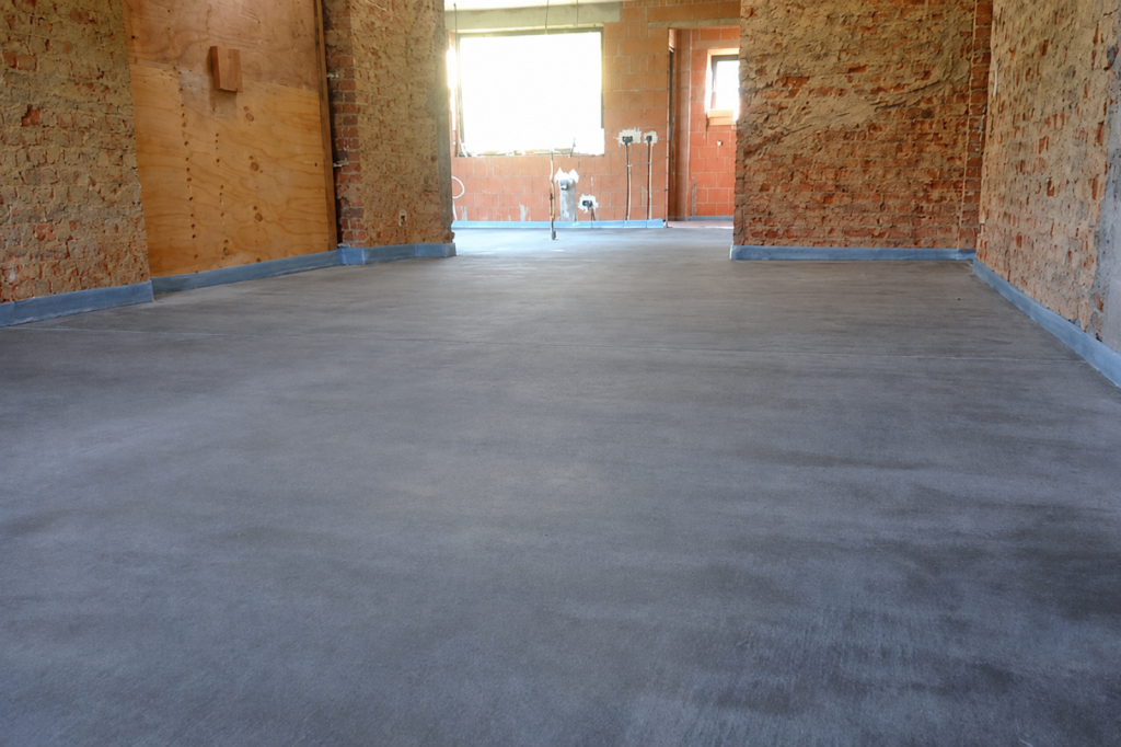 Afgewerkte chape als vlakke en stabiele basis voor vloerafwerking in een renovatiewoning.